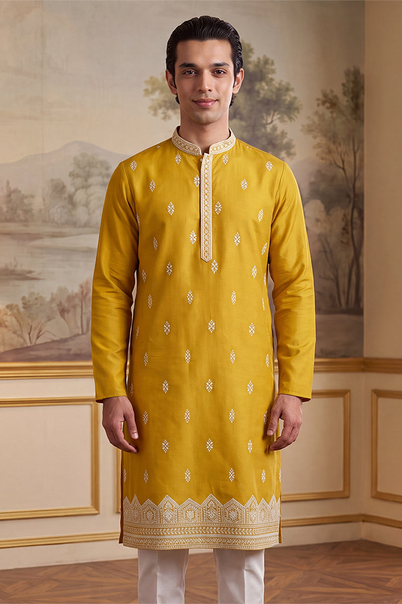 Yellow Silk Blend Solid Embroidered Kurta With Trouser MKSET2489