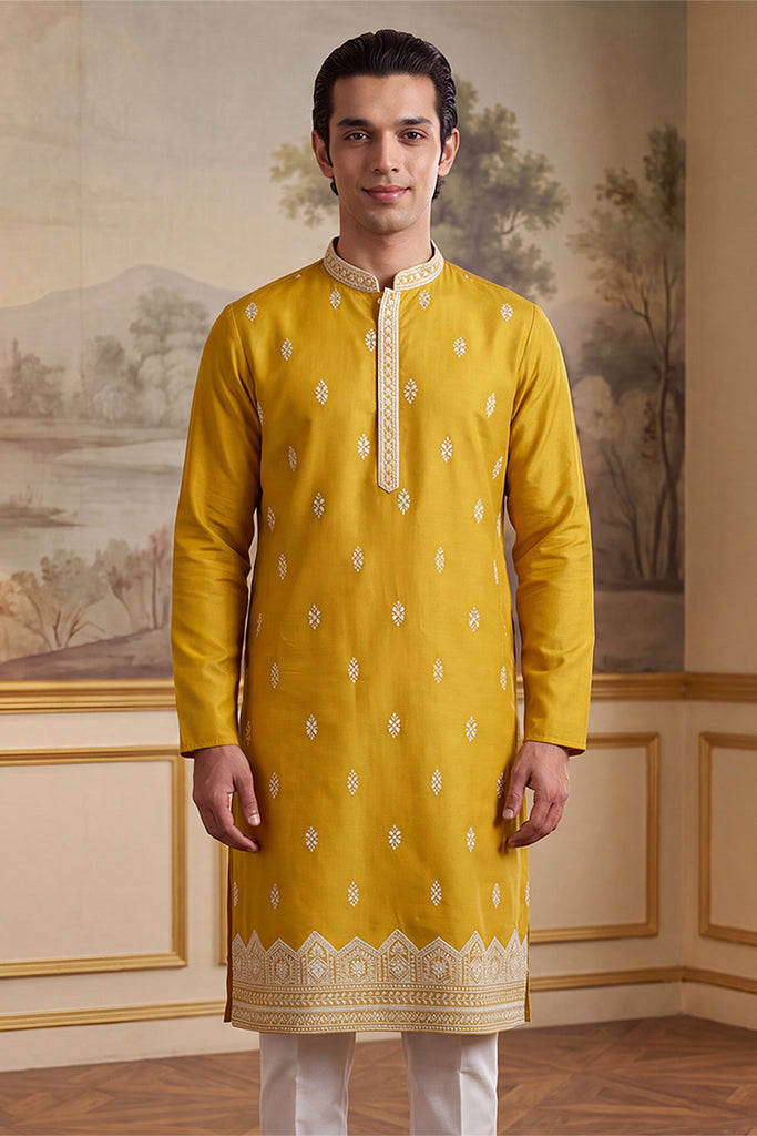 Yellow Silk Blend Solid Embroidered Kurta With Trouser MKSET2489