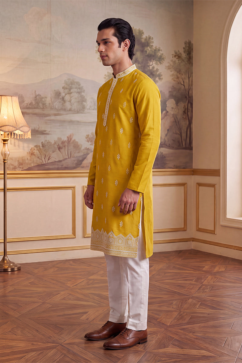 Yellow Silk Blend Solid Embroidered Kurta MKU2489