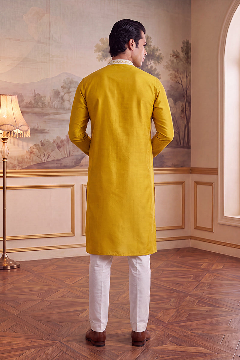 Yellow Silk Blend Solid Embroidered Kurta MKU2489