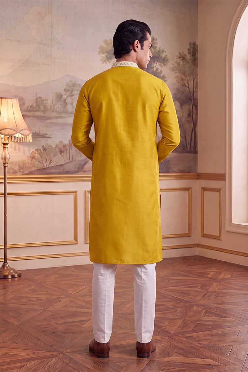 Yellow Silk Blend Solid Embroidered Kurta With Trouser MKSET2489