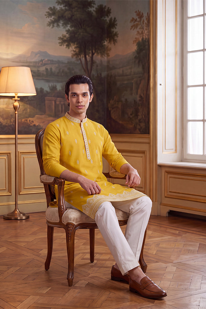 Yellow Silk Blend Solid Embroidered Kurta MKU2489