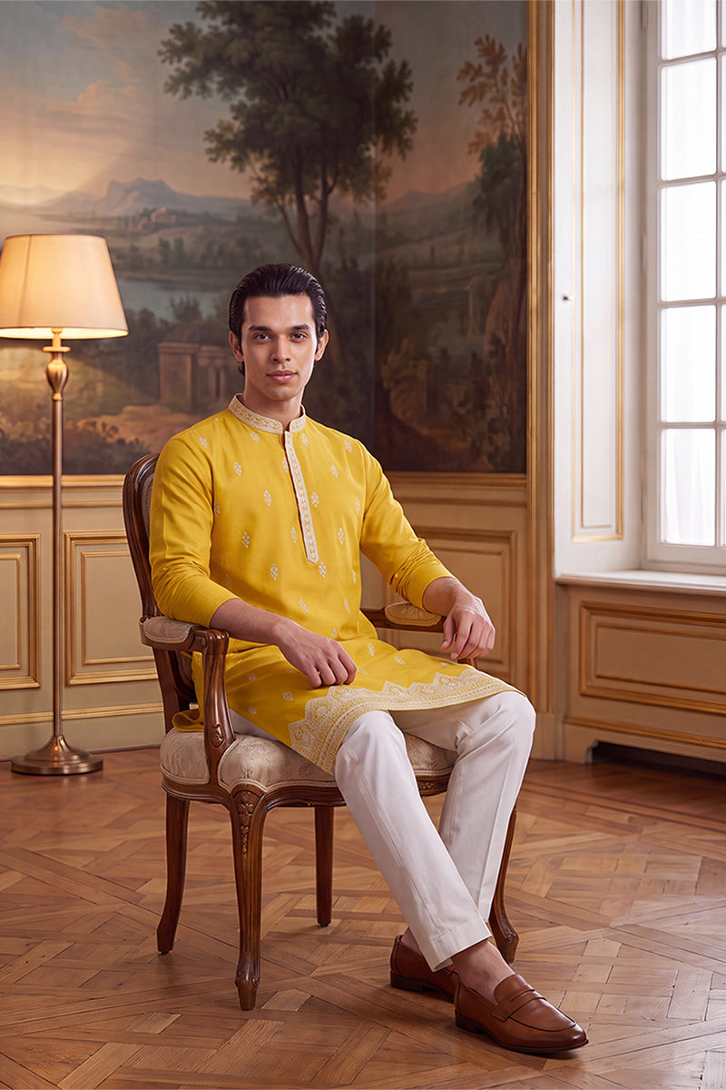 Yellow Silk Blend Solid Embroidered Kurta MKU2489