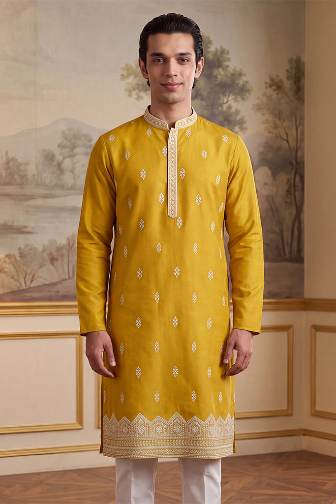 Yellow Silk Blend Solid Embroidered Kurta With Trouser MKSET2489