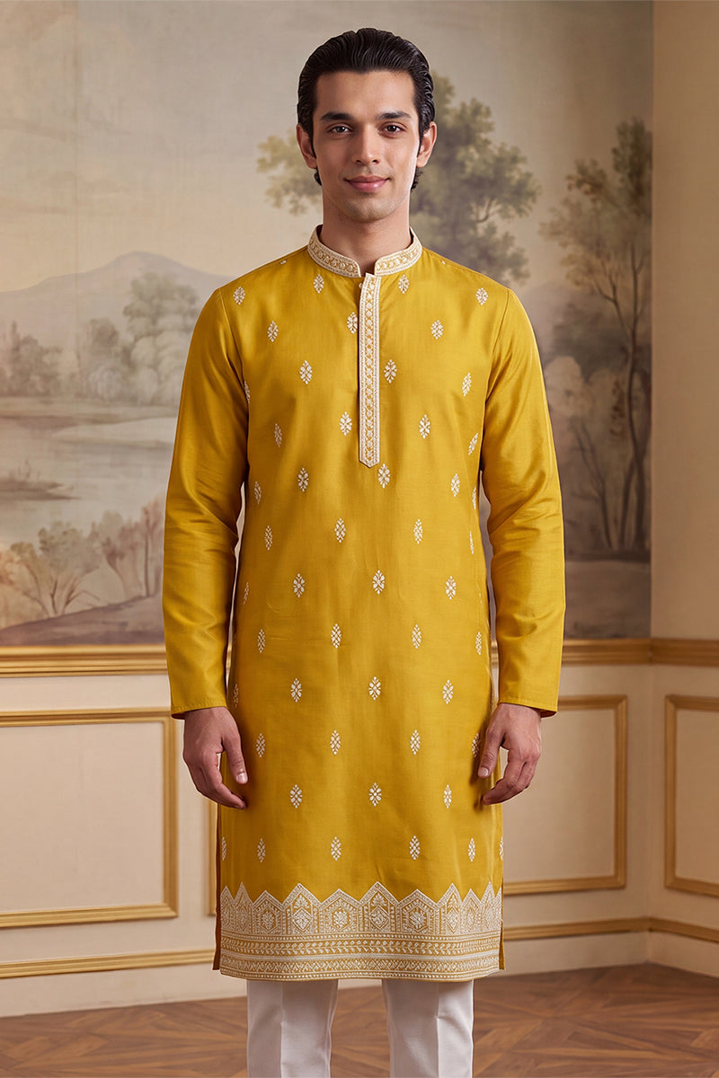 Yellow Silk Blend Solid Embroidered Kurta MKU2489