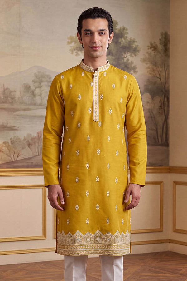 Yellow Silk Blend Solid Embroidered Kurta MKU2489