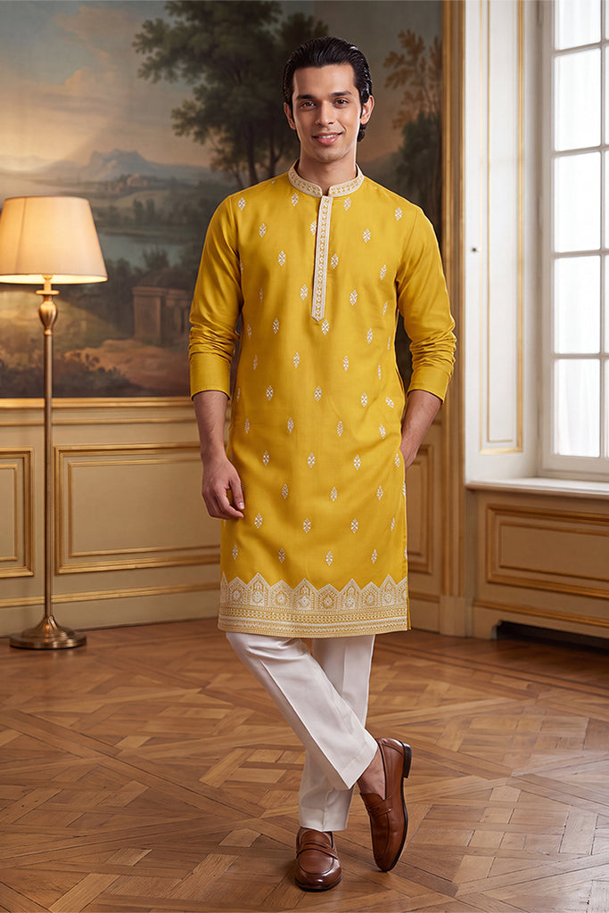 Yellow Silk Blend Solid Embroidered Kurta MKU2489