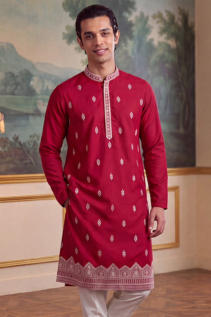 Pink Silk Blend Solid Embroidered Kurta With Trouser MKSET2490