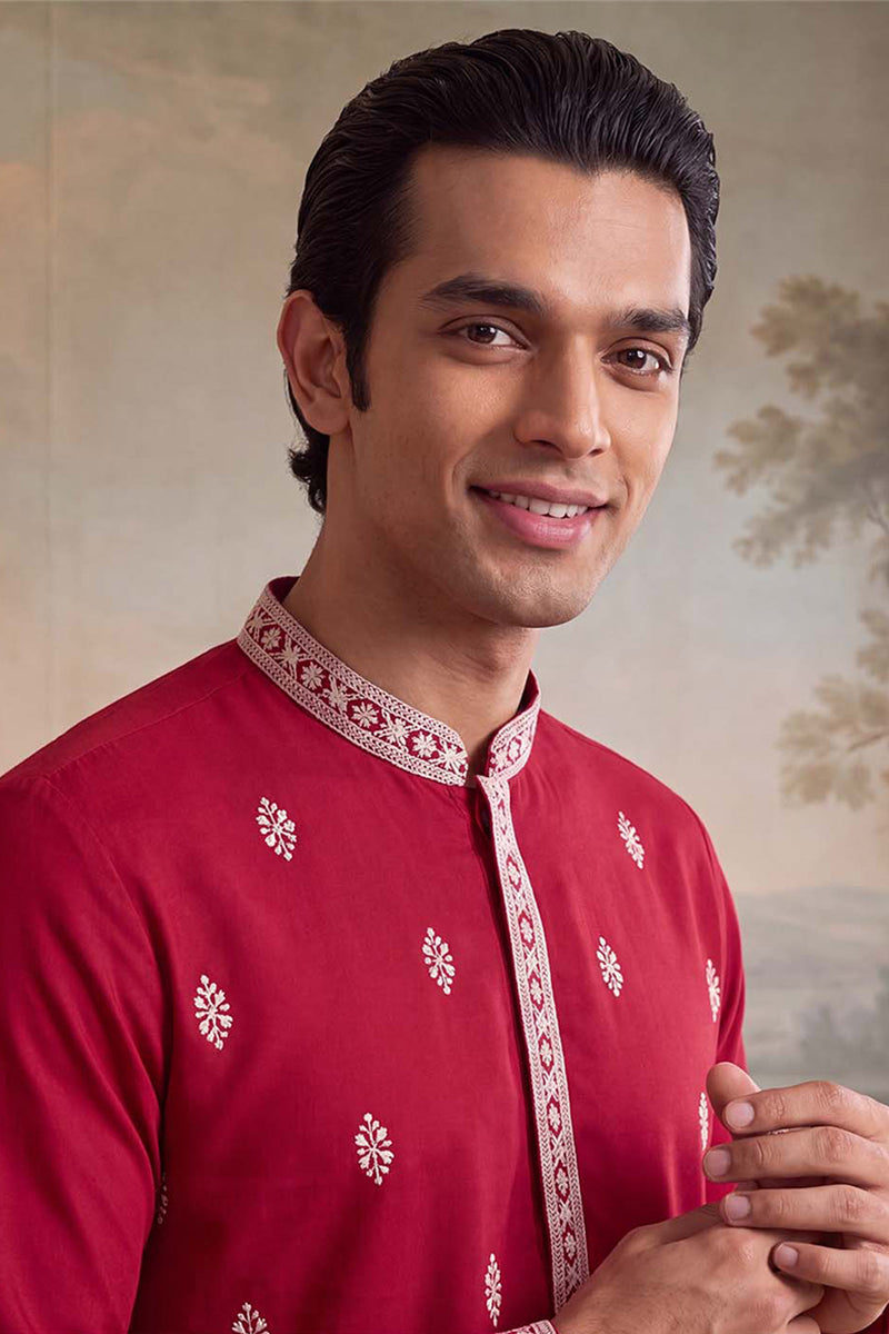 Pink Silk Blend Solid Embroidered Kurta With Trouser MKSET2490