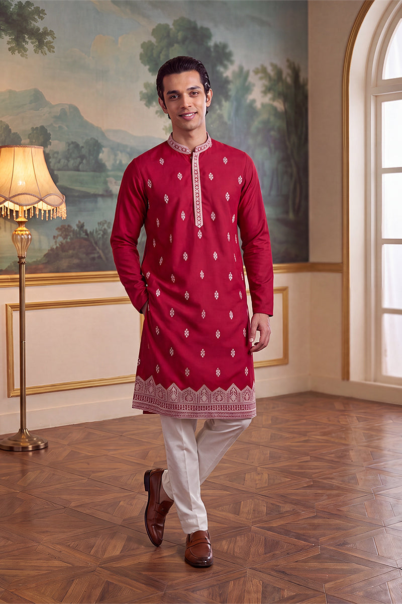 Pink Silk Blend Solid Embroidered Kurta MKU2490