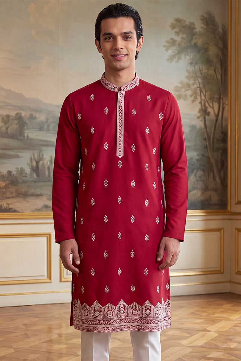 Pink Silk Blend Solid Embroidered Kurta MKU2490