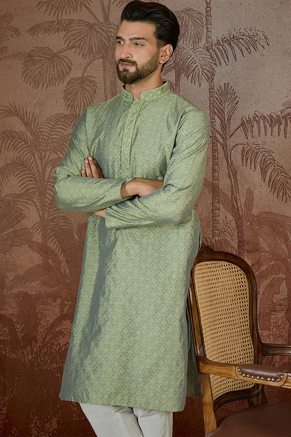 Green Jacquard Solid Embroidered Kurta MKU2499