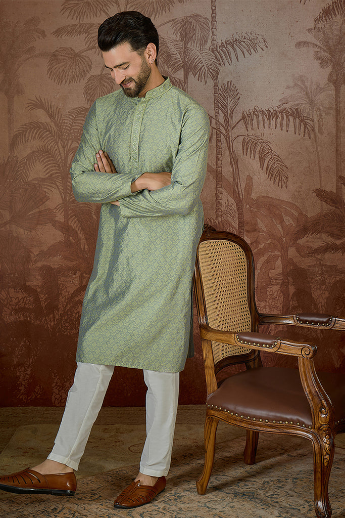 Green Jacquard Solid Embroidered Kurta With Trouser MKSET2499
