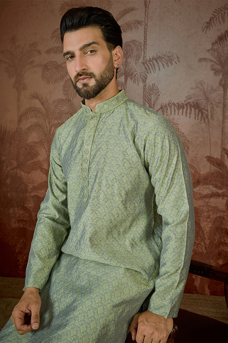 Green Jacquard Solid Embroidered Kurta With Trouser MKSET2499