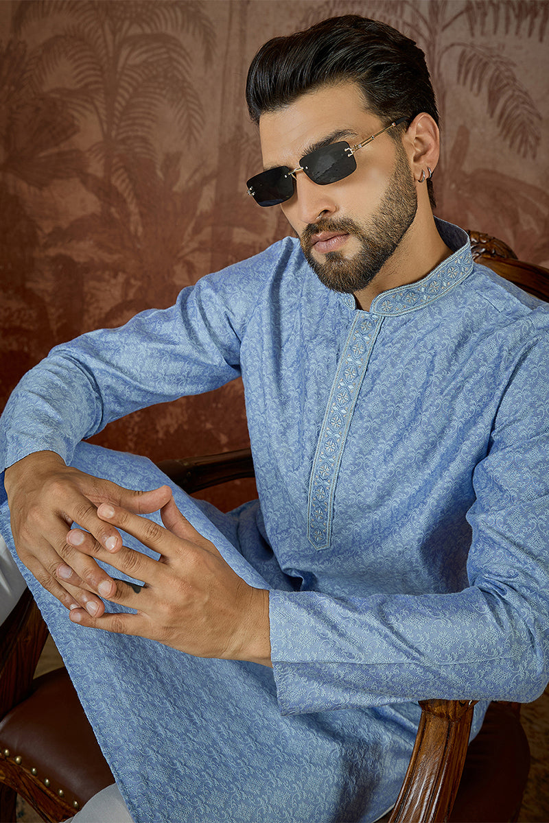 Blue Jacquard Solid Embroidered Kurta MKU2500
