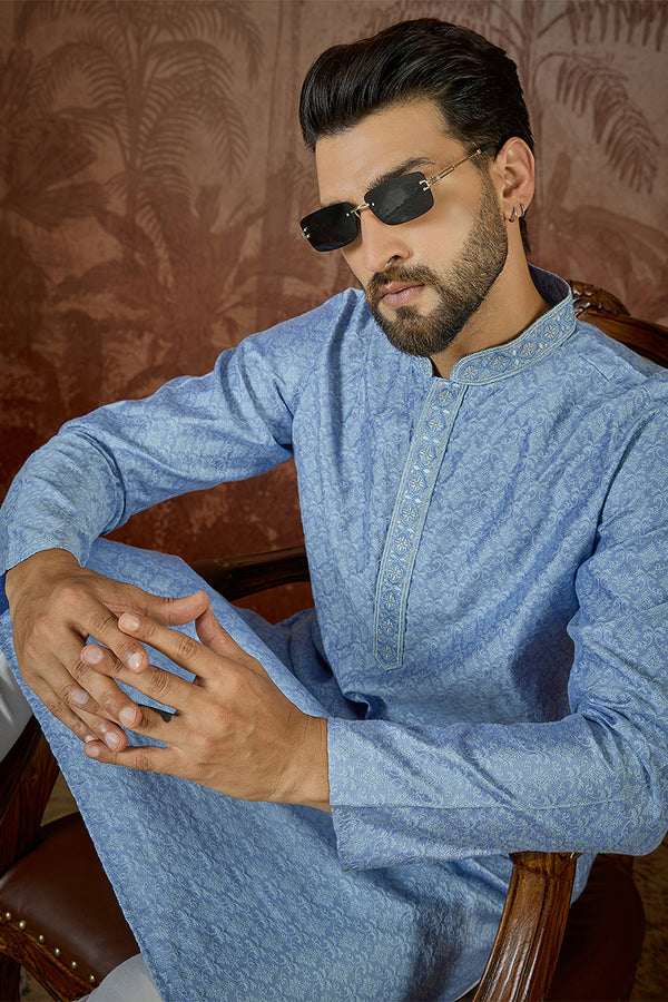 Blue Jacquard Solid Embroidered Kurta MKU2500
