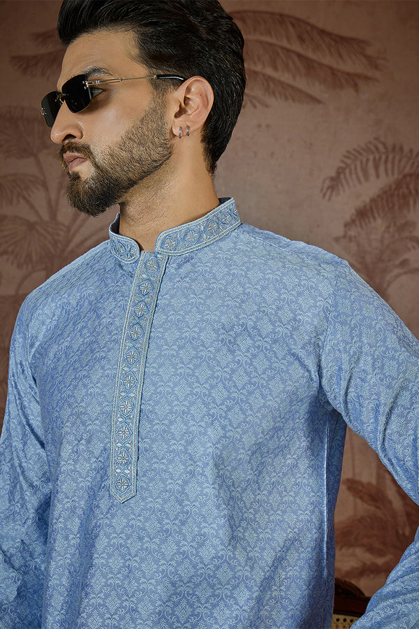 Blue Jacquard Solid Embroidered Kurta With Trouser MKSET2500