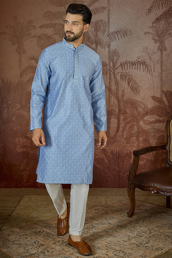 Blue Jacquard Solid Embroidered Kurta MKU2500