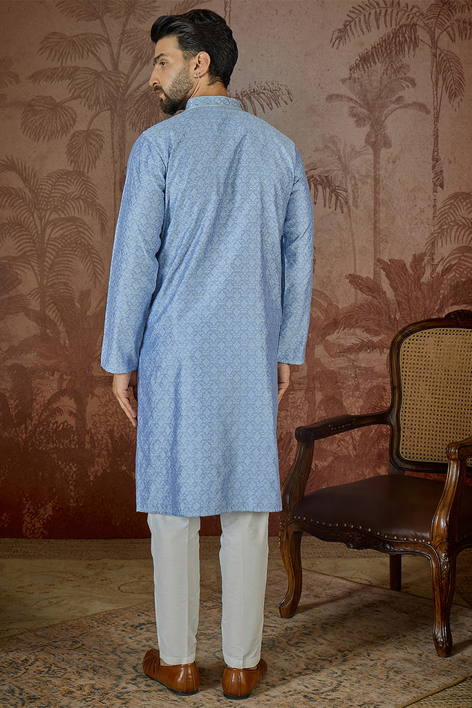 Blue Jacquard Solid Embroidered Kurta MKU2500