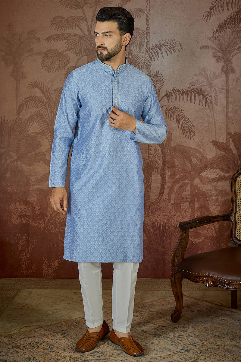 Blue Jacquard Solid Embroidered Kurta MKU2500