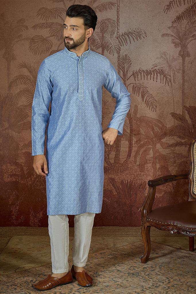Blue Jacquard Solid Embroidered Kurta MKU2500