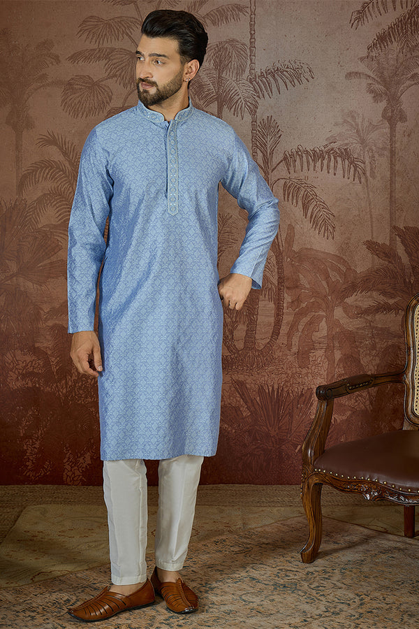 Blue Jacquard Solid Embroidered Kurta MKU2500
