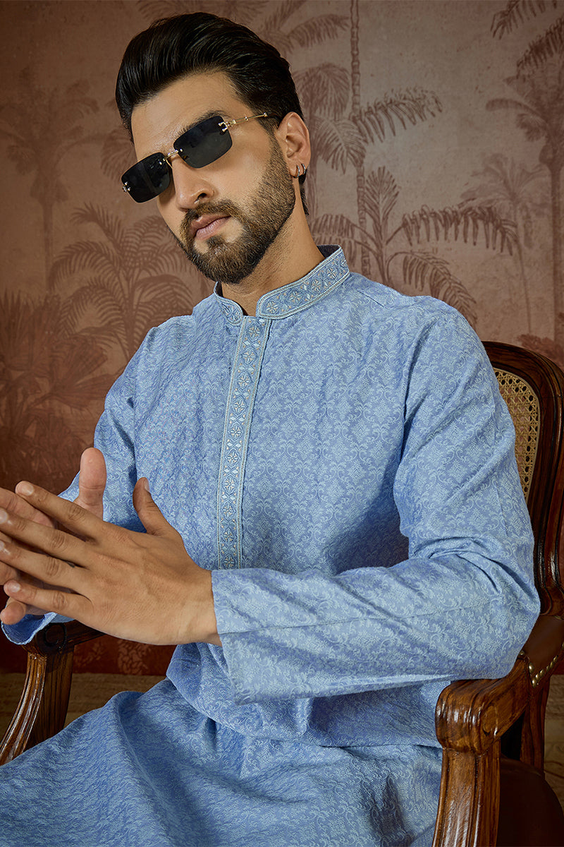 Blue Jacquard Solid Embroidered Kurta MKU2500