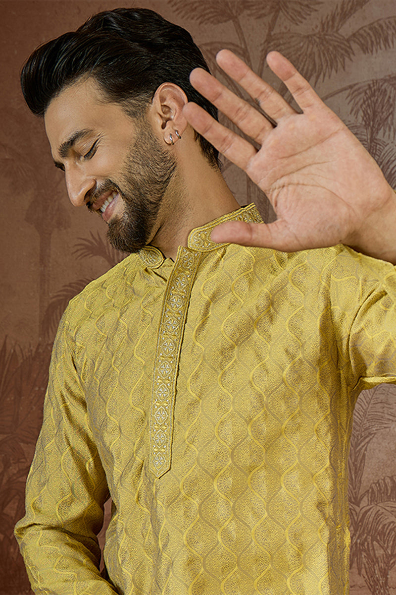 Yellow Jacquard Solid Embroidered Kurta With Trouser MKSET2501