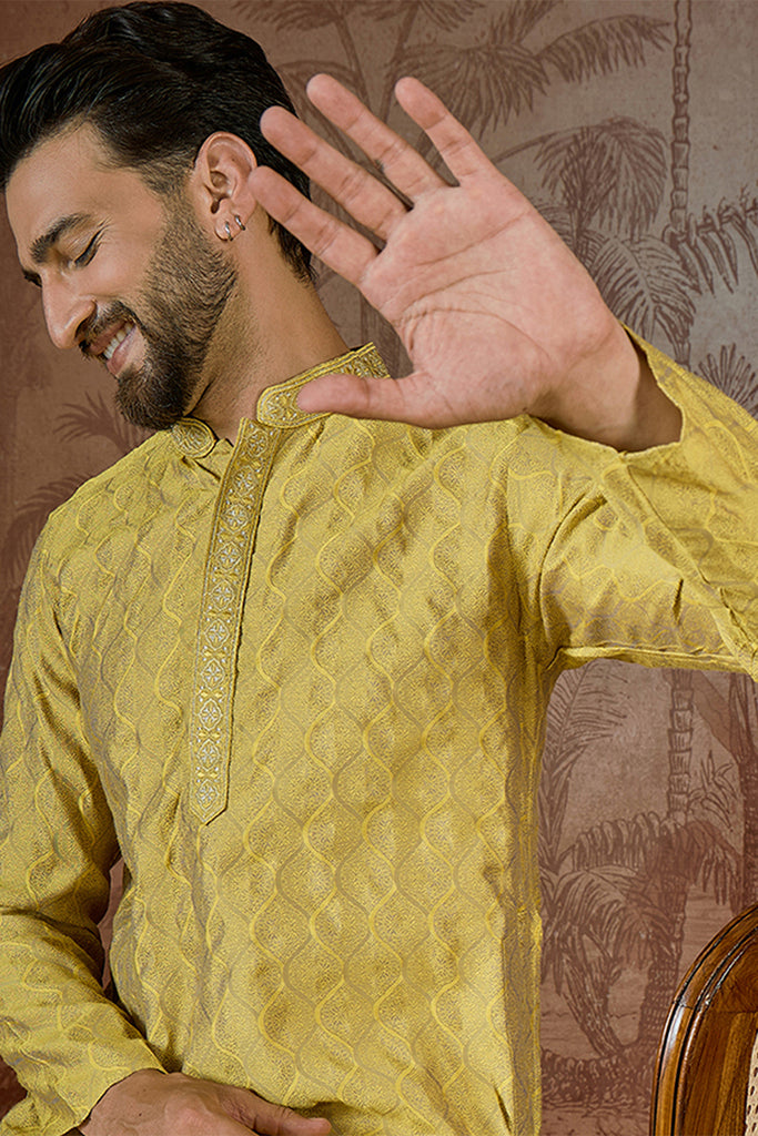 Yellow Jacquard Solid Embroidered Kurta With Trouser MKSET2501