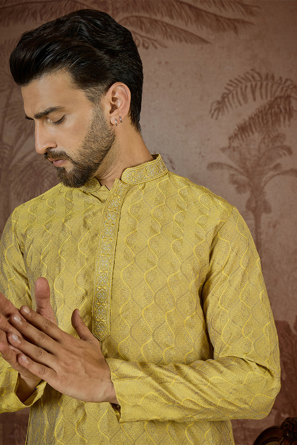 Yellow Jacquard Solid Embroidered Kurta MKU2501