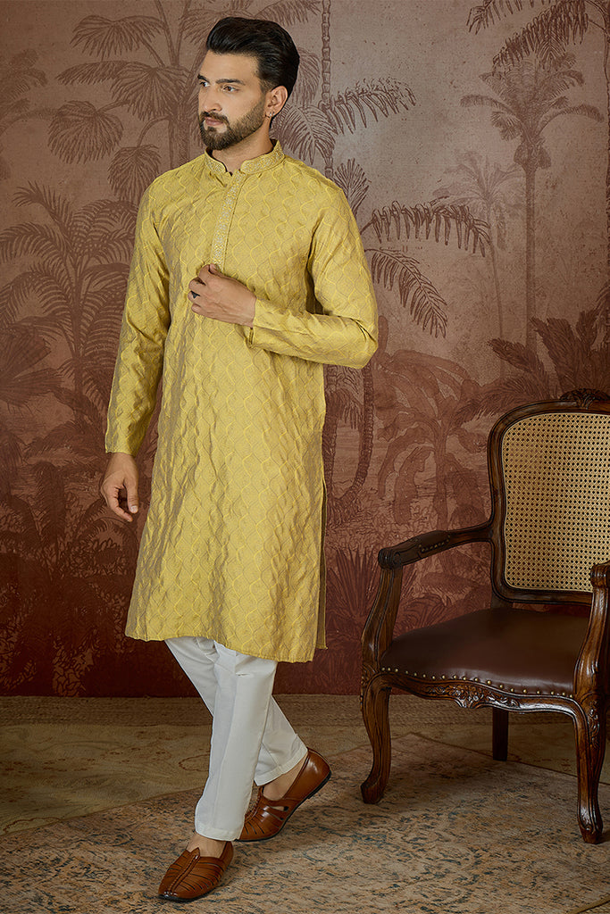 Yellow Jacquard Solid Embroidered Kurta With Trouser MKSET2501