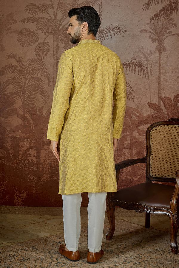 Yellow Jacquard Solid Embroidered Kurta MKU2501