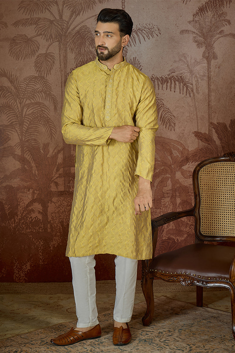 Yellow Jacquard Solid Embroidered Kurta With Trouser MKSET2501