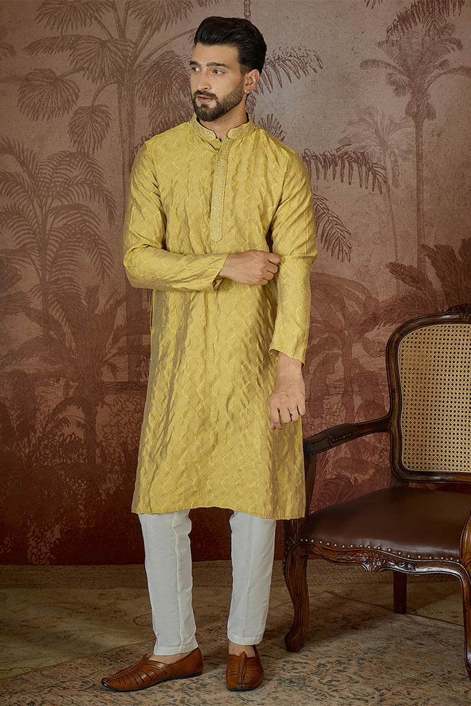 Yellow Jacquard Solid Embroidered Kurta With Trouser MKSET2501