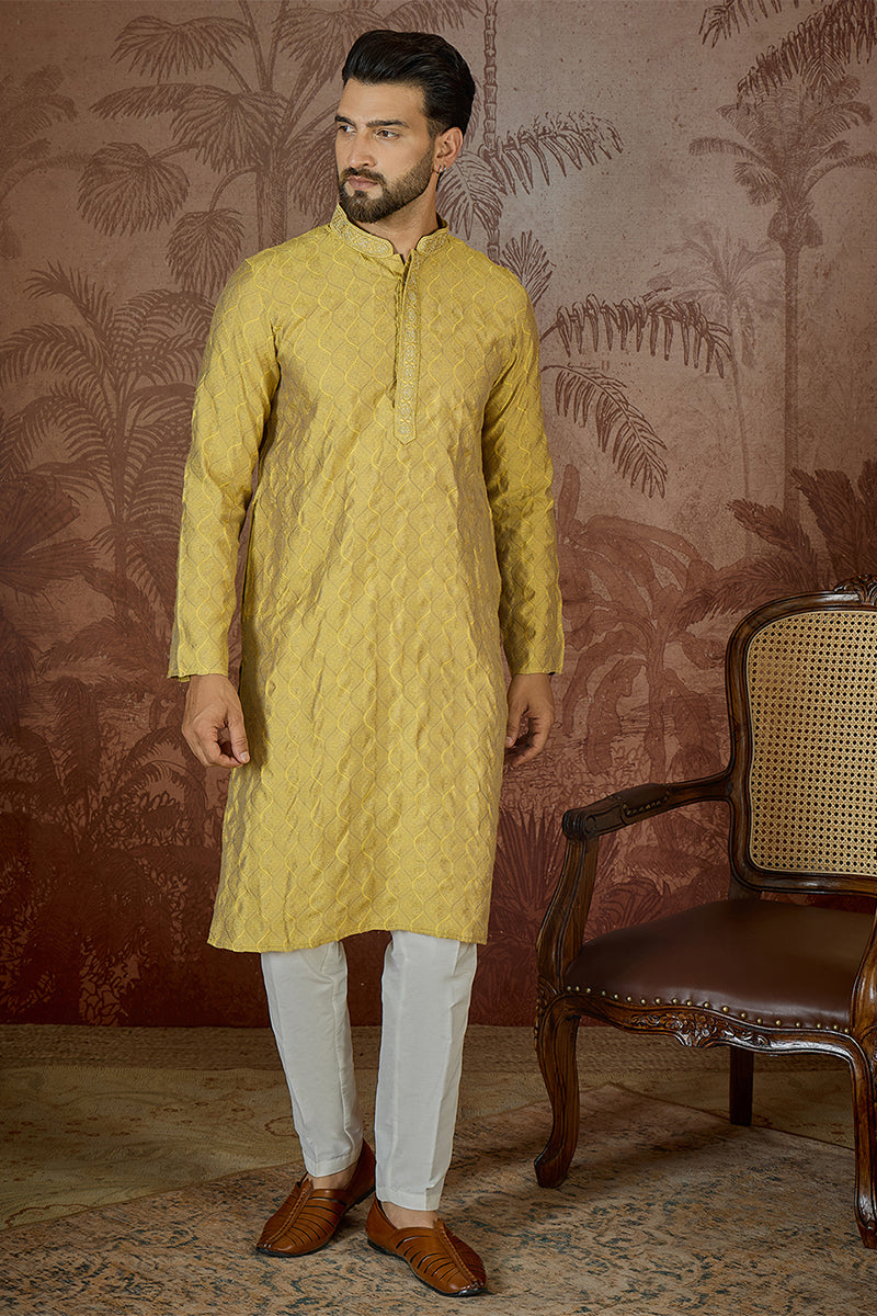 Yellow Jacquard Solid Embroidered Kurta With Trouser MKSET2501