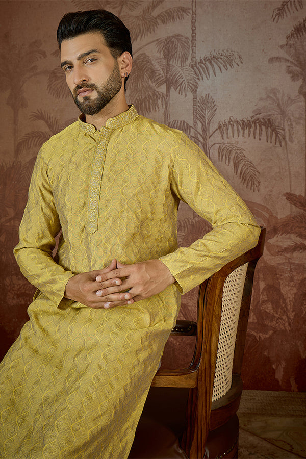 Yellow Jacquard Solid Embroidered Kurta MKU2501