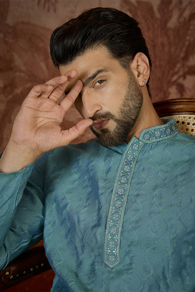 Teal Jacquard Solid Embroidered Kurta MKU2502