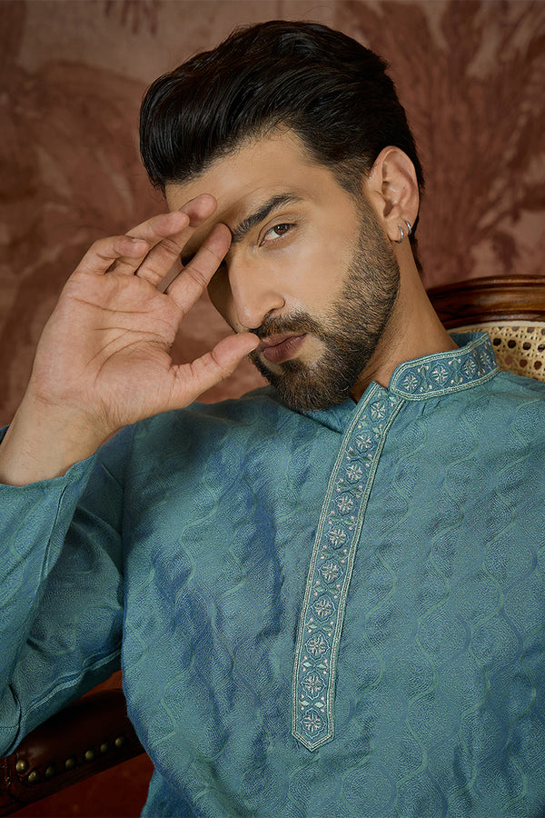 Teal Jacquard Solid Embroidered Kurta MKU2502