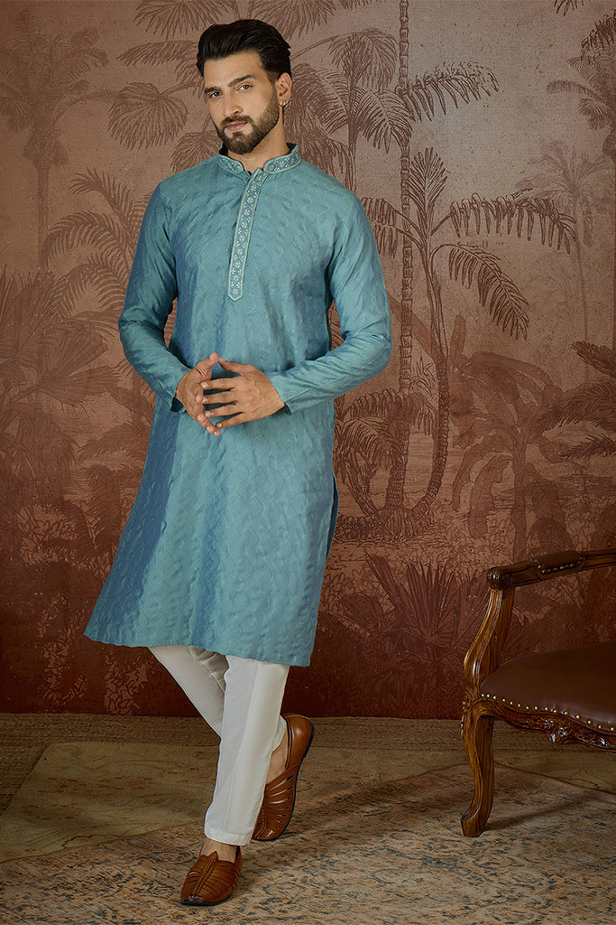 Teal Jacquard Solid Embroidered Kurta MKU2502