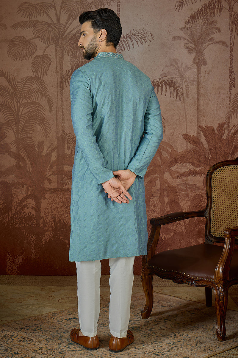 Teal Jacquard Solid Embroidered Kurta MKU2502