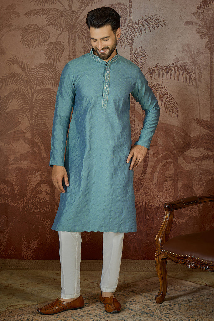 Teal Jacquard Solid Embroidered Kurta MKU2502