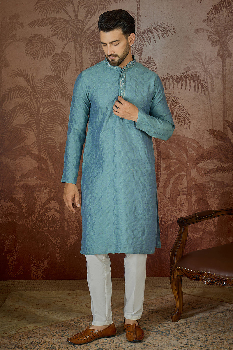 Teal Jacquard Solid Embroidered Kurta MKU2502