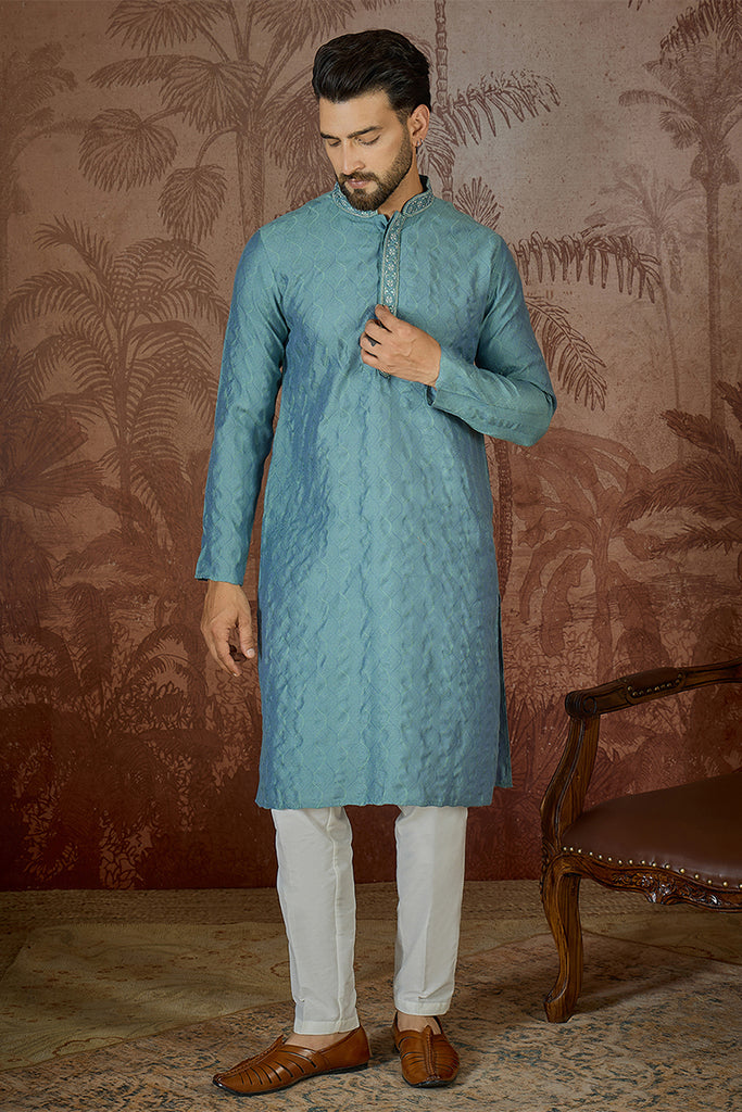 Teal Jacquard Solid Embroidered Kurta MKU2502