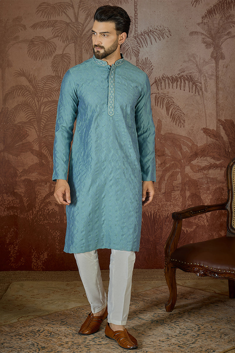 Teal Jacquard Solid Embroidered Kurta MKU2502