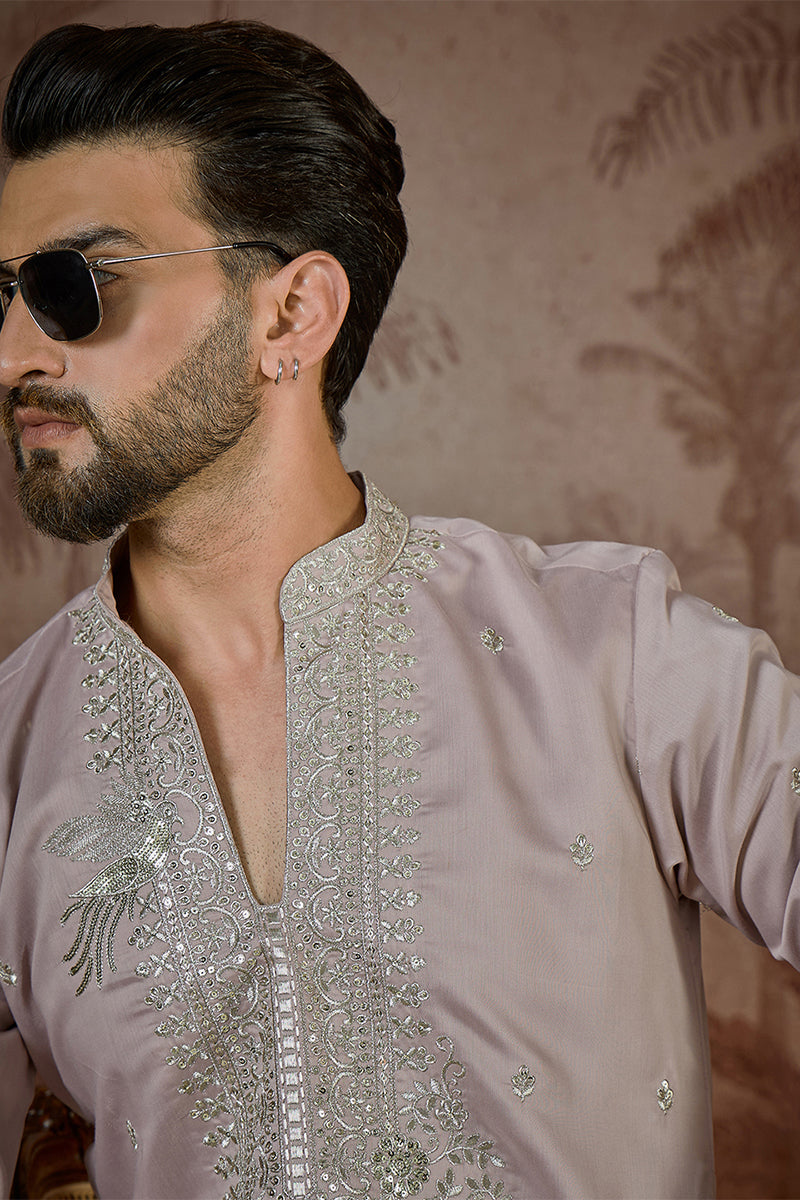 Lavender Silk Blend Solid Embroidered Sequins Kurta MKU2506