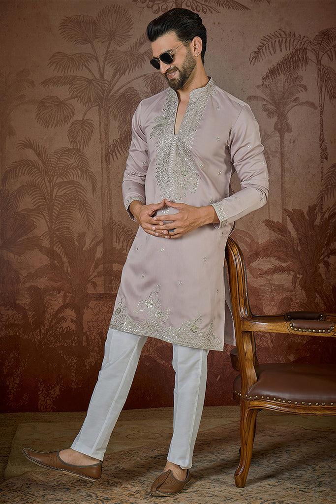 Lavender Silk Blend Solid Embroidered Sequins Kurta With Trouser MKSET2506