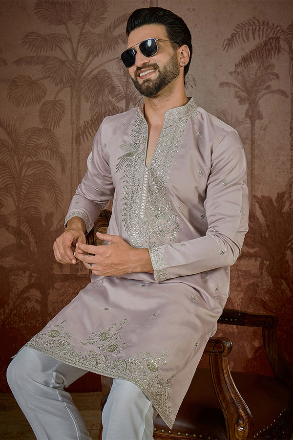 Lavender Silk Blend Solid Embroidered Sequins Kurta With Trouser MKSET2506