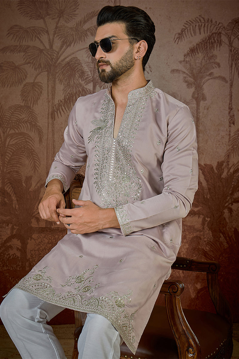 Lavender Silk Blend Solid Embroidered Sequins Kurta MKU2506