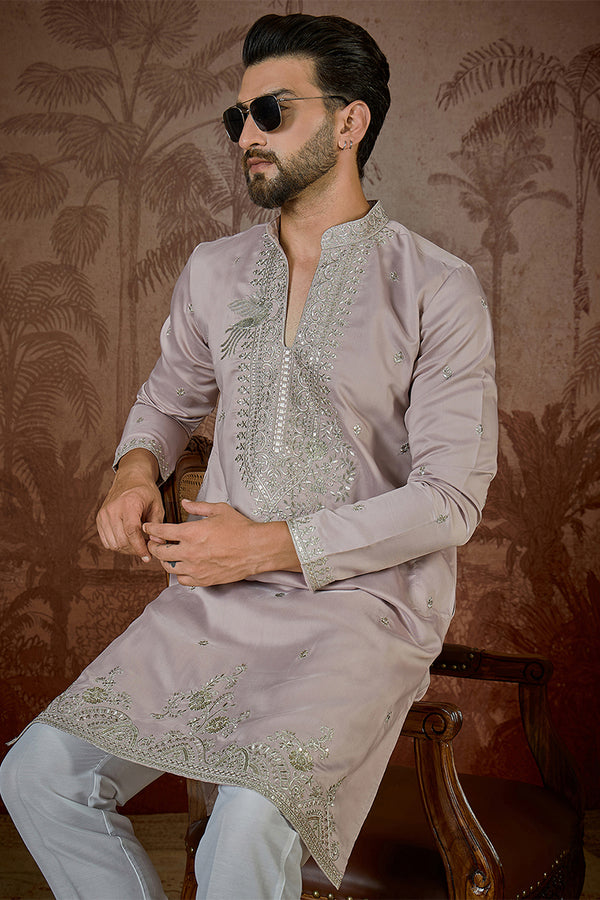 Lavender Silk Blend Solid Embroidered Sequins Kurta With Trouser MKSET2506