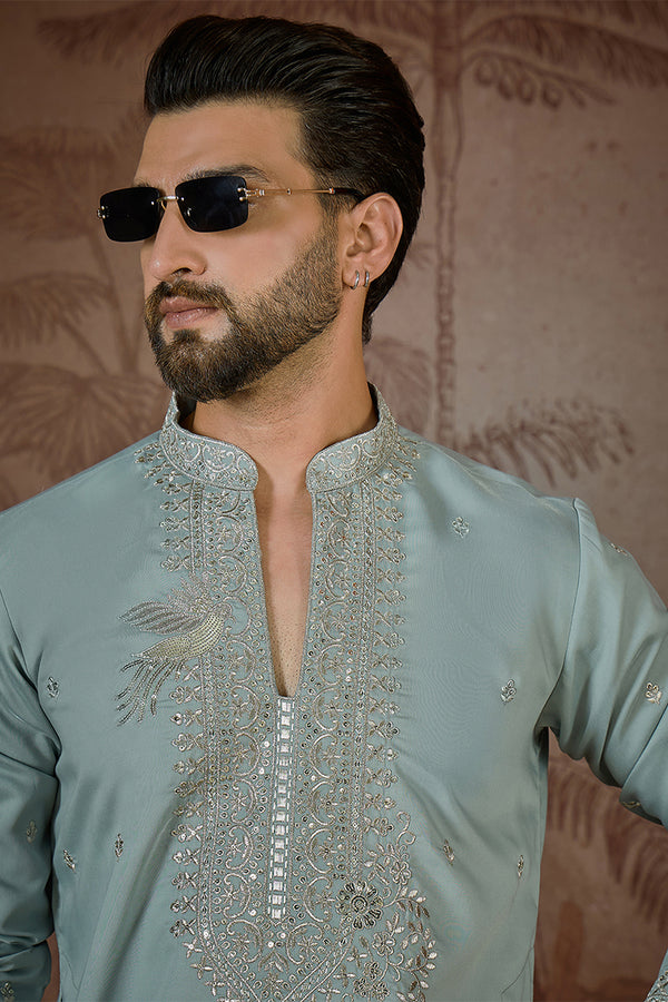 Turquoise Blue Silk Blend Solid Embroidered Sequins Kurta MKU2507